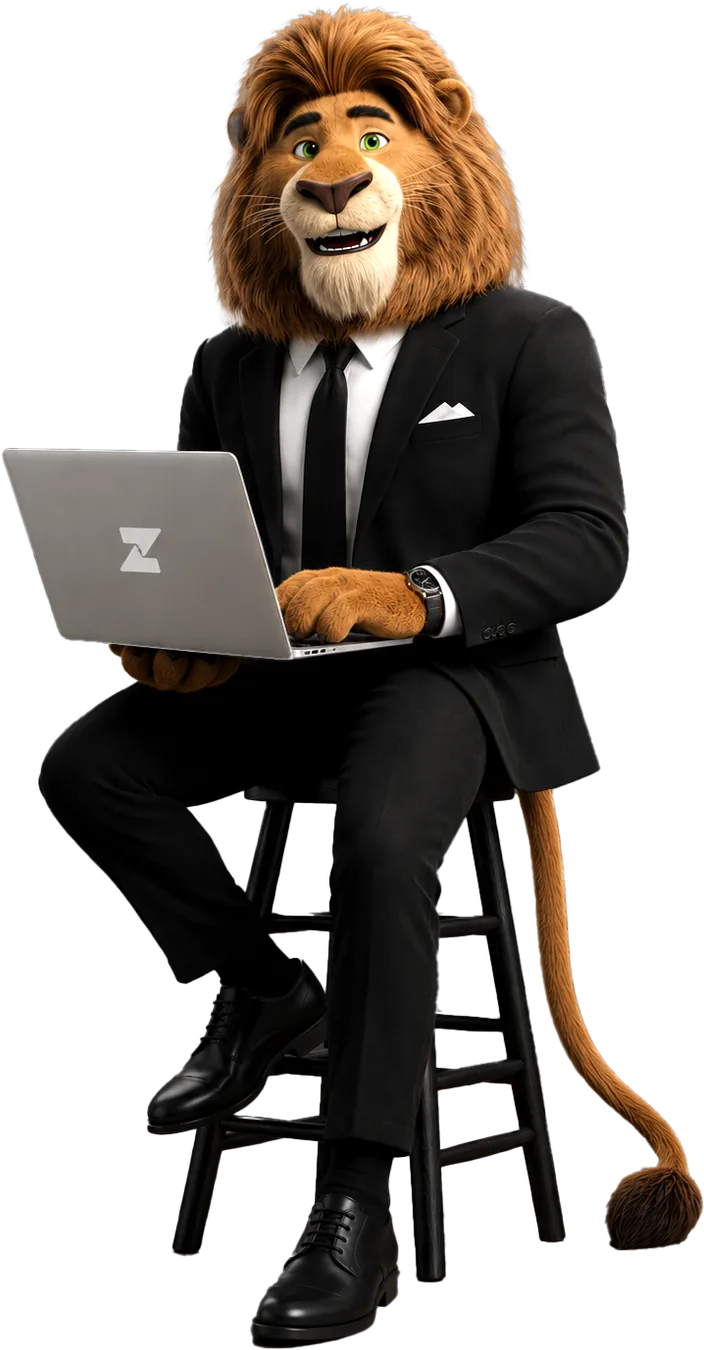 The Zoftmate mascot: a lion in a suit working at a laptop